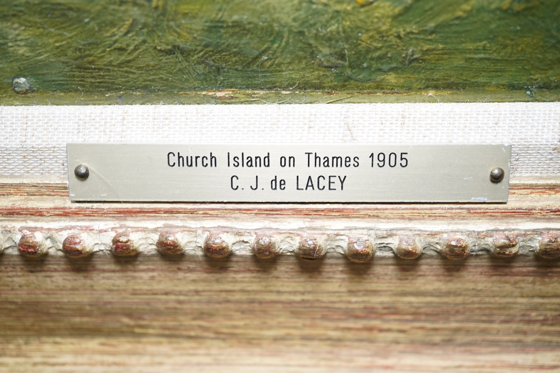 Charles John de Lacy (1856-1936), oil on canvas, Church Island on the Thames, Staines, signed and dated 1905, 40 x 60cm. Condition - fair to good